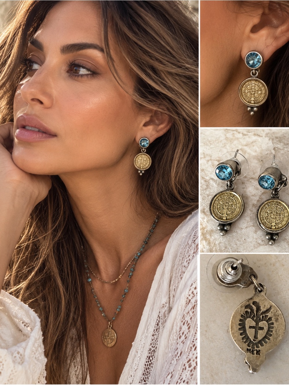 Vintage Mexican Style Sacred Heart Coin Drop Earrings Blue Crystal MEX